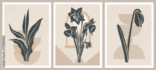 Set of Boho aesthetic abstract botanical wall arts. Trendy posters for Scandinavian, japandi interior design in neutral pastel colors. Bohemian collage prints. Mid Century Modern Vector illustrations.