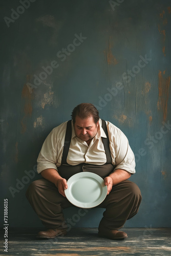 Man in brown vest and tan pants holding empty plate.