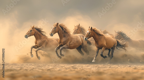 Wild horses galloping across sandy plain kicking up dust into the air  generative ai