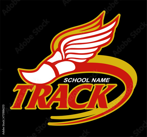 track and field team design with winged foot for school, college or league sports