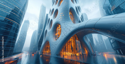 The gleaming dragon-scale skyscraper rising above the city, tessellated glass forms glittering scales.. Generative AI.