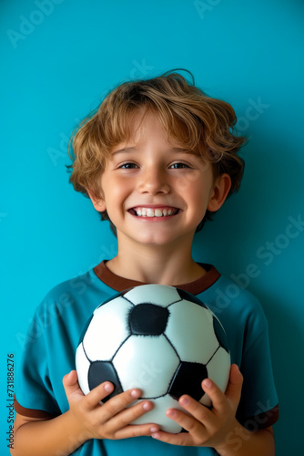 Boy with smile on his face holds soccer ball in his hands.