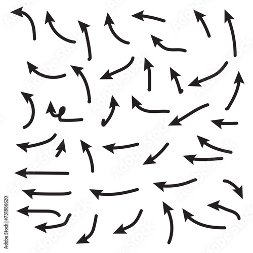 Hand drawn doodle arrow pointer designs. Curved sketch direction sign, abstract arrow icons for business or education. Decorative arrows vector set