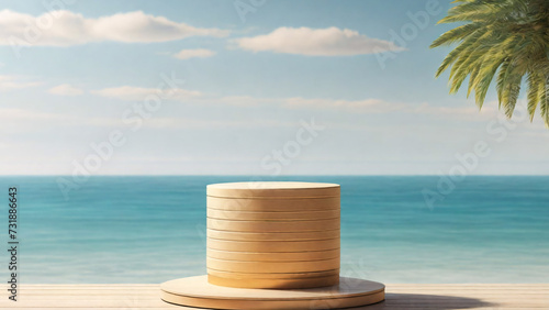 Wooden podium on the beach with palm tree and blue sea background