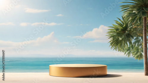 3d render of golden podium for product presentation on tropical beach background