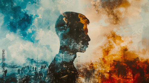 Stressed man merges with war scene, blending inner turmoil with external chaos—eerie double exposure capturing emotional impact in haunting synchrony. photo