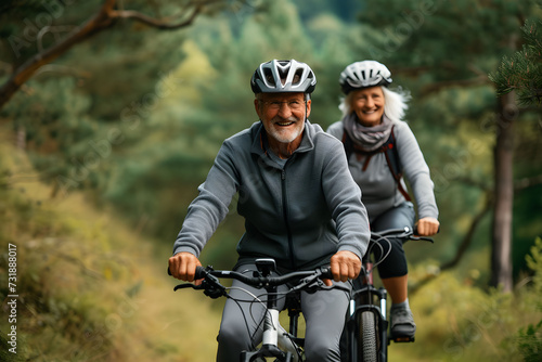 Two happy old mature people enjoying and riding bikes together