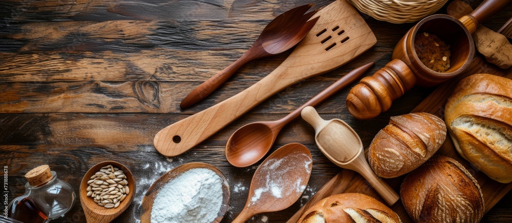 Cooking utensils and bread on a wooden 