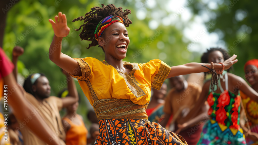 Naklejka premium A vibrant photo showcasing a community engaged in lively African American dance, celebrating cultural traditions