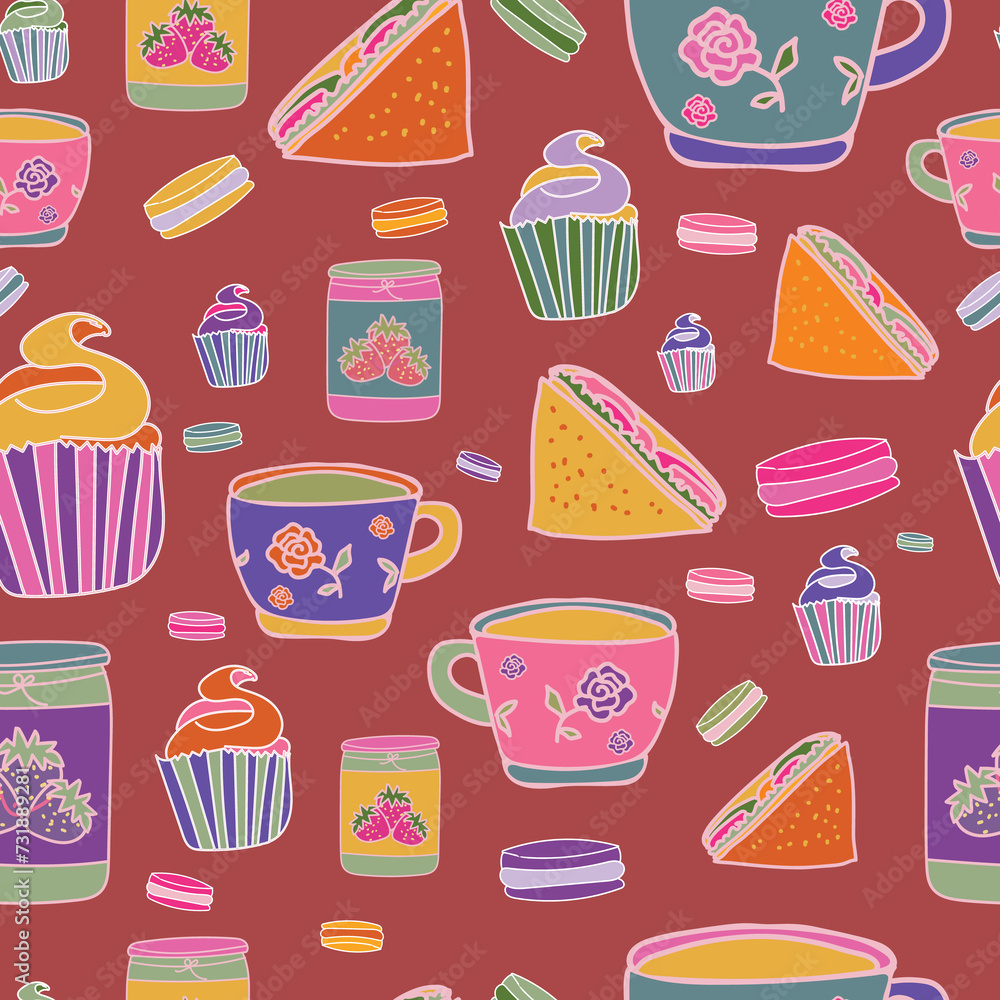 Motif vectoriel sans couture d'éléments d'une fête de thé dans un jardin, dessinés à la main, parfait pour le papier d'emballage, les cartes-cadeaux, le papier peint, la papeterie, les boîtes et sacs- Motif vectoriel sans couture d'éléments d'une fête de thé dans un jardin, dessinés à la main, parfait pour le papier d'emballage, les cartes-cadeaux, le papier peint, la papeterie, les boîtes et sacs-