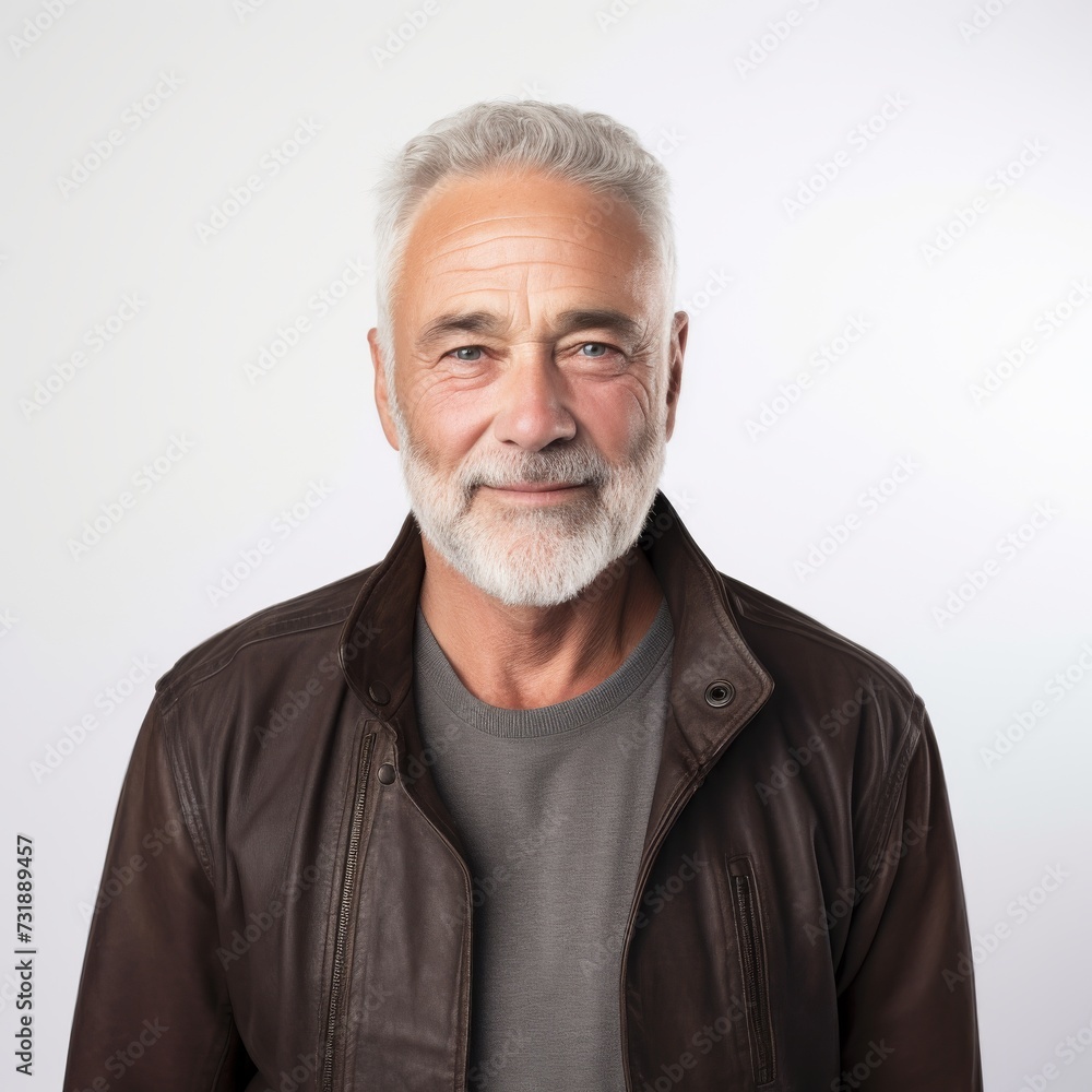 Portrait of a smiling older man with a leather jacket for lifestyle or fashion advertising Portrait of a smiling older man with a leather jacket for lifestyle or fashion advertising