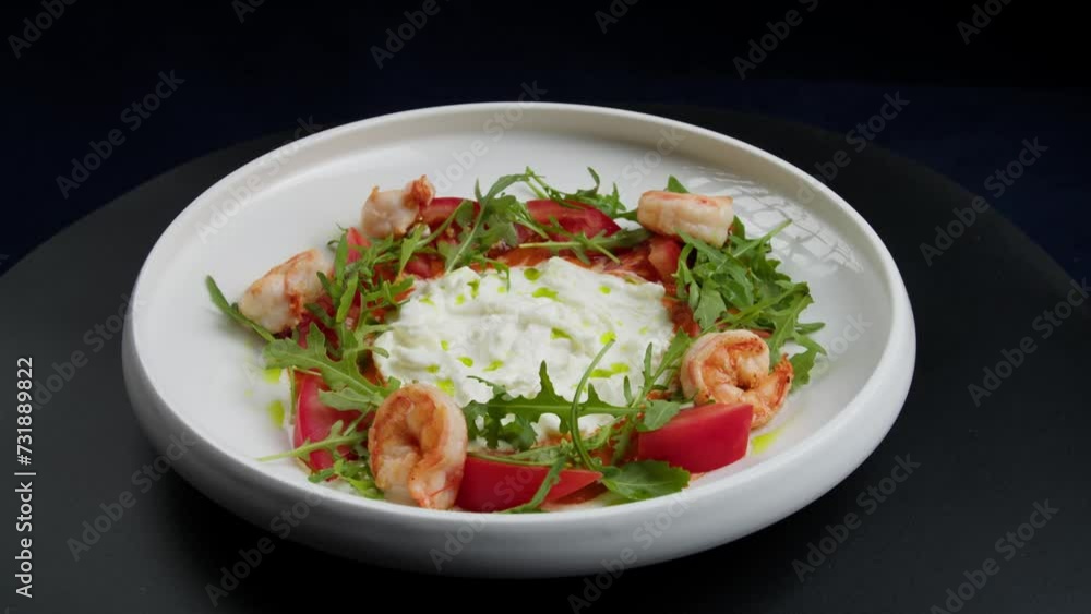 Salad with arugula, tomato and shrimp in a plate. Selective focus. Salad with arugula, tomato and shrimp in a plate. Selective focus.