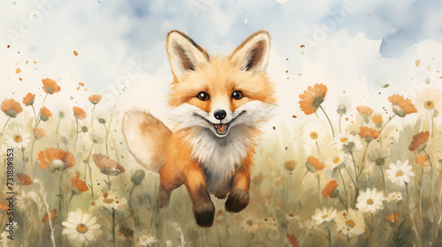 A joyful fox frolicking through a vibrant field of flowers under a clear blue sky