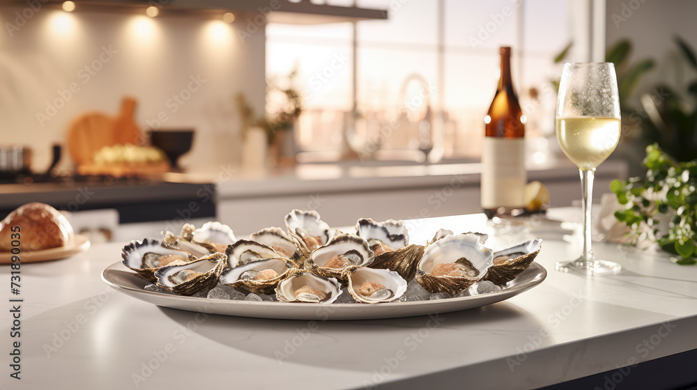  Indulgent meal with champagne and oysters on a adorned kitchen worktop. A celebration of love in a romantic, elegant setting
