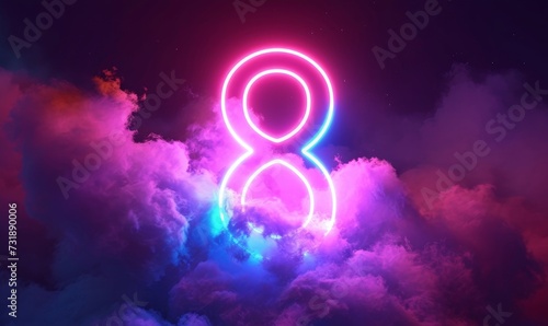 3d render, neon linear number eight and colorful cloud glowing with pink blue neon light, abstract fantasy background, Generative AI photo