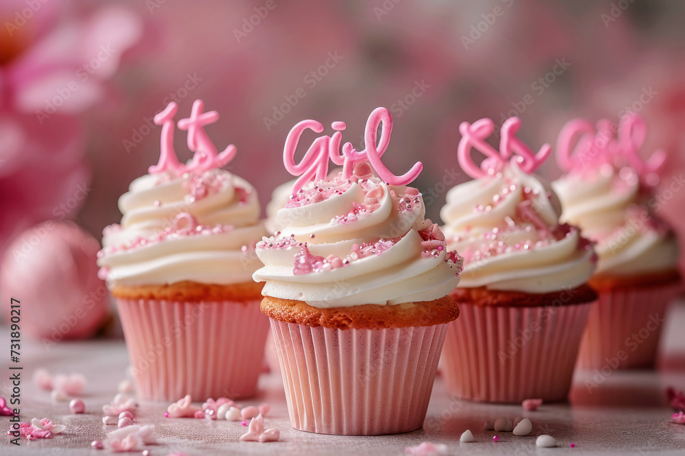 Beautiful sweet pink cupcakes with cream and the words It a girl, baby girl shower with space for text
