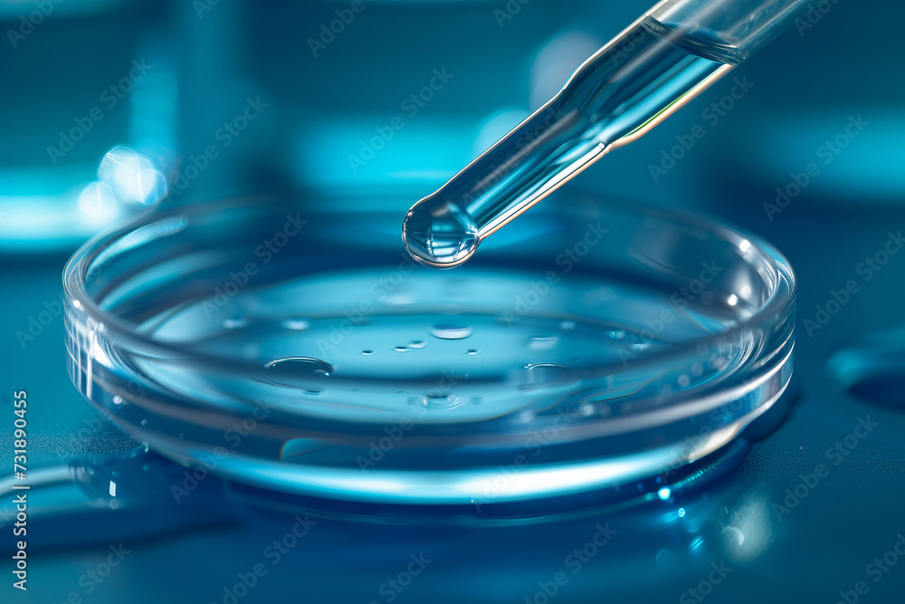 Glass chemical container and liquid dripping from a pipette on a blue background. Chemical research and laboratory theme Glass chemical container and liquid dripping from a pipette on a blue background. Chemical research and laboratory theme