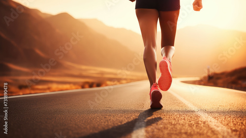 Close up of a female runners legs. Determined female runner conquering a long desert road at sunset, embodying the spirit of endurance and the pursuit of freedom