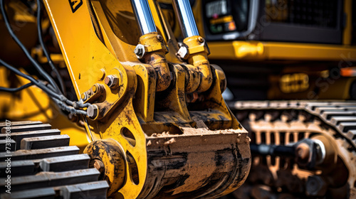 Background close up of hydraulics and arm on a yellow digger