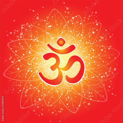 Om or Aum Indian sacred sound. The symbol of the divine triad of Brahma, Vishnu and Shiva. The sign of the ancient mantra. Om sign in shiny galactic space. Sun. Sunburst Pattern.