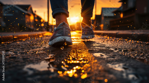 Active urban lifestyle: Walkers' shoes move towards the sunset on a suburban street. Fitness and well-being in the city glow.