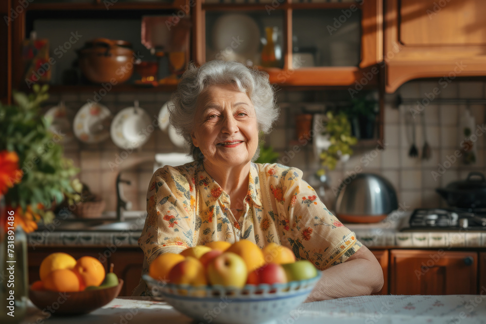 A grandmother or elderly woman smiling sits in the kitchen at the counter with fresh fruit
