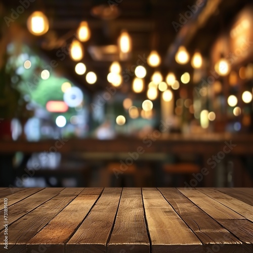 Wooden top table with bokeh light effect and blur restaurant of cafe, coffee shop, bar on blur background. Can used for display or montage your products