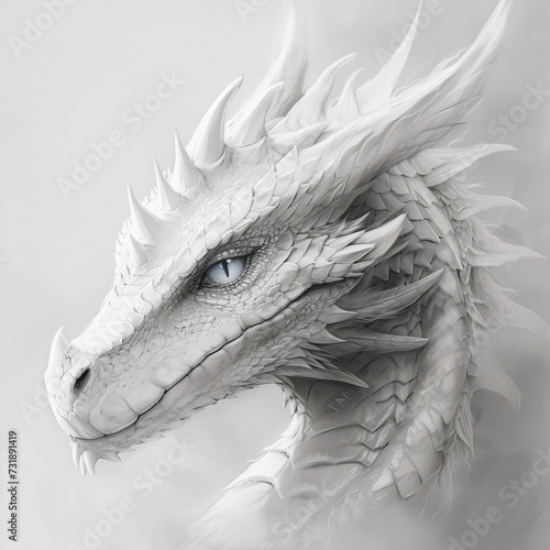  Realistic Portrait of a White Dragon's Head, with Piercing Blue Eyes. Inspired by Soft Tonal Landscapes and Monochromatic Schemes, reminiscent of 15th-century Artistry and Aurorapunk Aesthetics photo