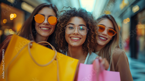 Smiling a group of woman happily holds shopping bags, showcasing her joyous retail therapy in a fashion-focused store photo