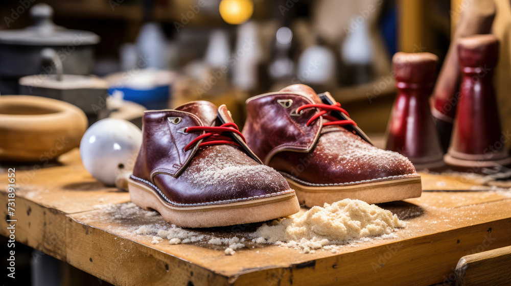 Shoes in traditional cobblers. Vintage workshop.  The essence of artisanal expertise and quality in shoemaking