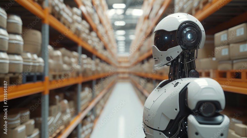 Fototapeta premium Robot in the warehouse, artificial intelligence, supply chain future, data, tech. Generative AI.