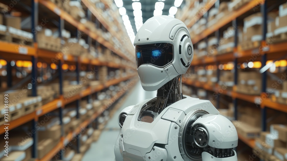 Robot in the warehouse, artificial intelligence, supply chain future, data, tech. Generative AI. Robot in the warehouse, artificial intelligence, supply chain future, data, tech. Generative AI.