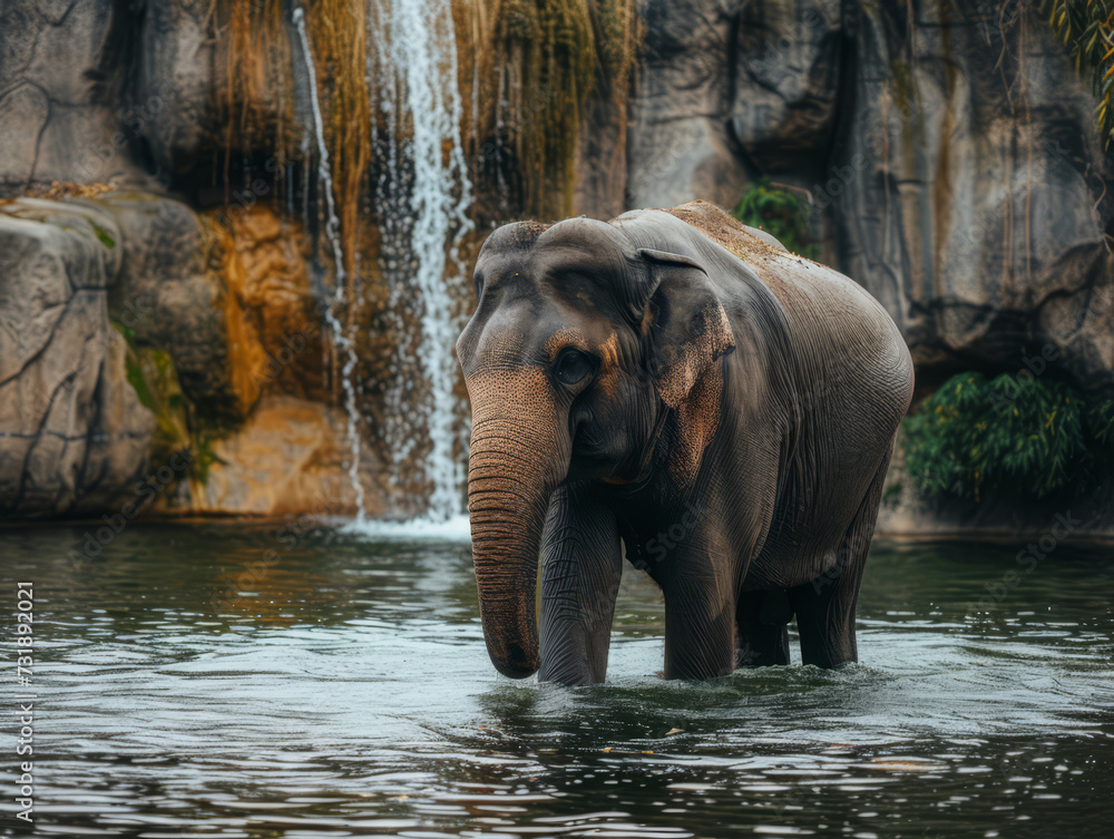 Elephant enjoying a bath in zoo surroundings.