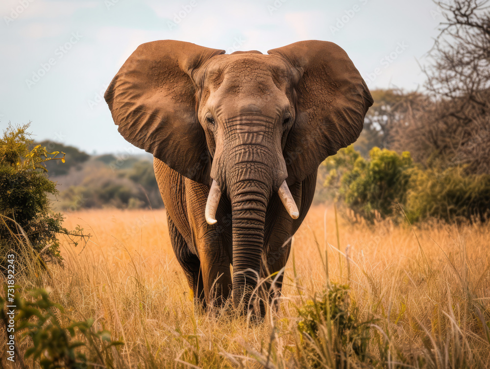 Fototapeta premium Elephant in the savannah against a dramatic sunset.