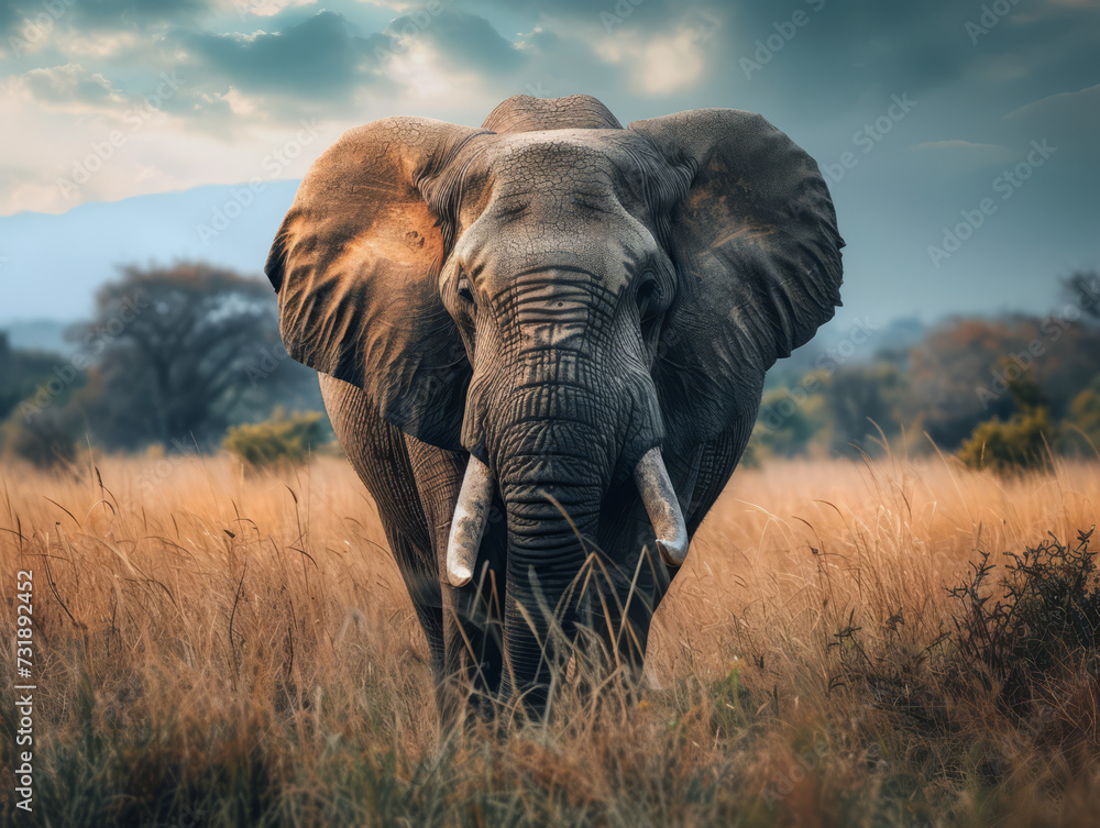 Fototapeta premium Dramatic shot of elephant in the savannah against a dramatic sunset.