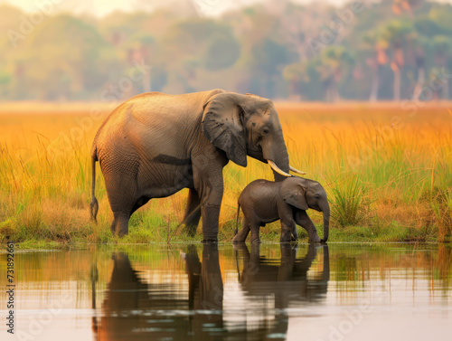 Mother elephant and calf bonding by water. © Jan