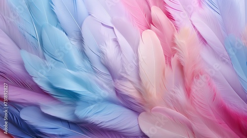 Closeup detail of soft silk pastel pink blue colored feathers, top view. © May