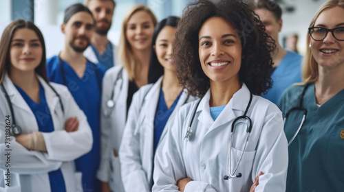 A group portrait of diverse healthcare professionals, including doctors, nurses, and medical staff, public health