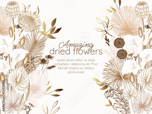Vector illustration of a card template with a bouquet of dried flowers in engraving style