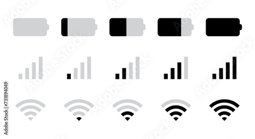 Battery, Mobile network signal and Wi-Fi icon set in landscape modern style for user interface design. Status bar symbol modern, simple, vector, icon for website design, mobile app, Ui. Vector