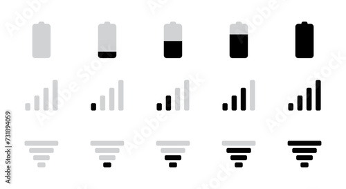 Battery, Mobile network signal and Wi-Fi icon set in vertical modern style for user interface design in black. Status bar symbol modern, simple, vector, icon for website design, mobile app, Ui. Vector