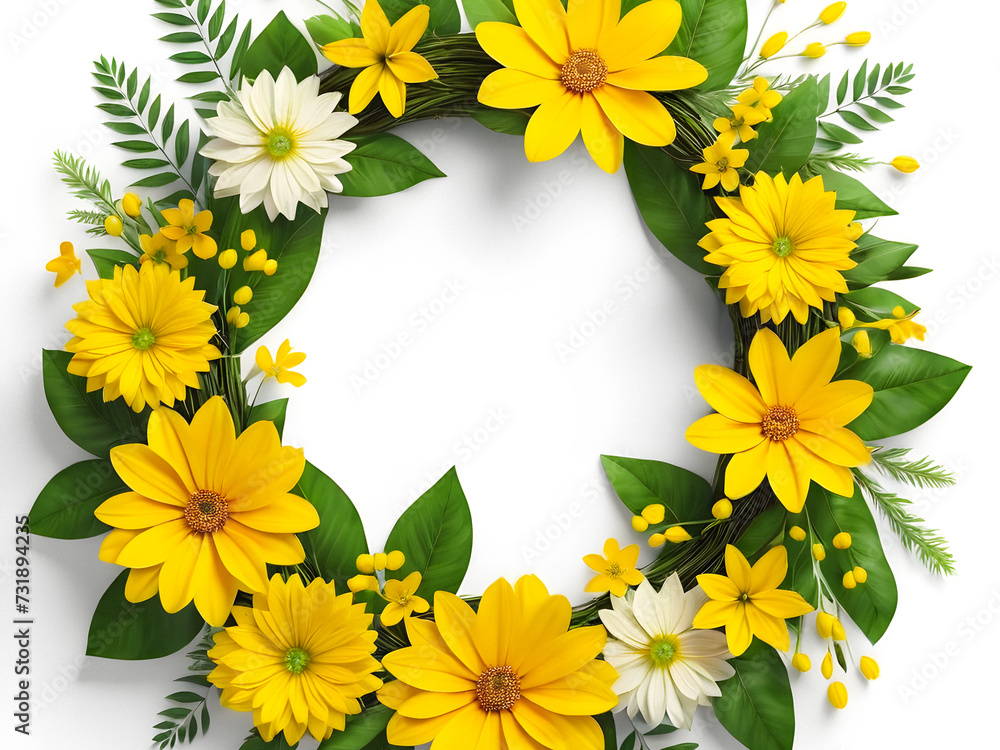 Sunny Serenity: Vibrant Yellow Flower Wreath on White Background. generative AI