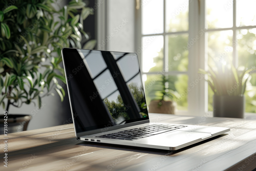 Laptop with blank black screen on desk in room near window with plants and sunlight in background
Laptop with blank black screen on desk in room near window with plants and sunlight in background