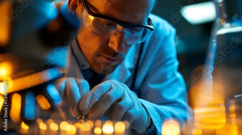 Focused scientist in lab coat analyzing test tubes in a modern research laboratory, representing innovation and medical research, scientist examining samples in a laboratory.