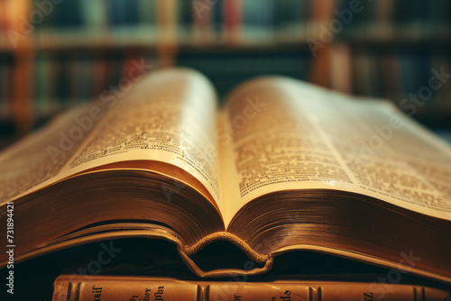 An open book on a table in the library. Shallow depth of field 