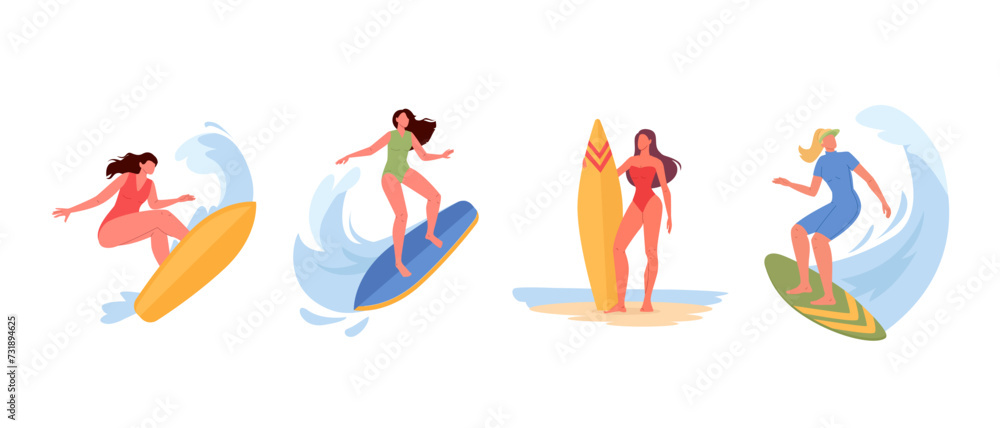 Young women riding surfboards. Active female characters Set in swimwear surfing ocean wave on summer holidays