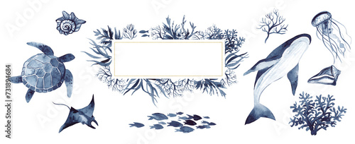 A banner with watercolor algae, corals, shells and indigo fish on a transparent background. A clipart with a turtle, a whale, a jellyfish, shells, a stingray.