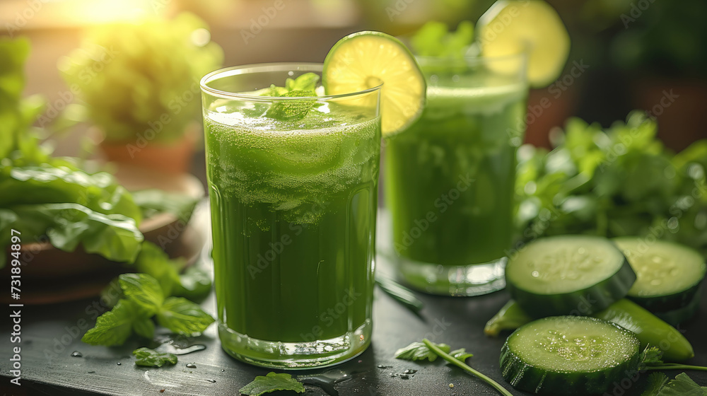 Healthy juice with a wellbeing feel. Green vegetable juice on nice table background. Generative AI. Healthy juice with a wellbeing feel. Green vegetable juice on nice table background. Generative AI.