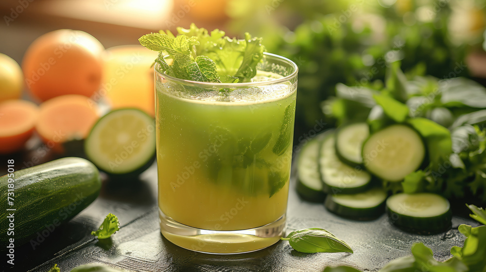 Healthy juice with a wellbeing feel. Green vegetable juice on nice table background. Generative AI. Healthy juice with a wellbeing feel. Green vegetable juice on nice table background. Generative AI.