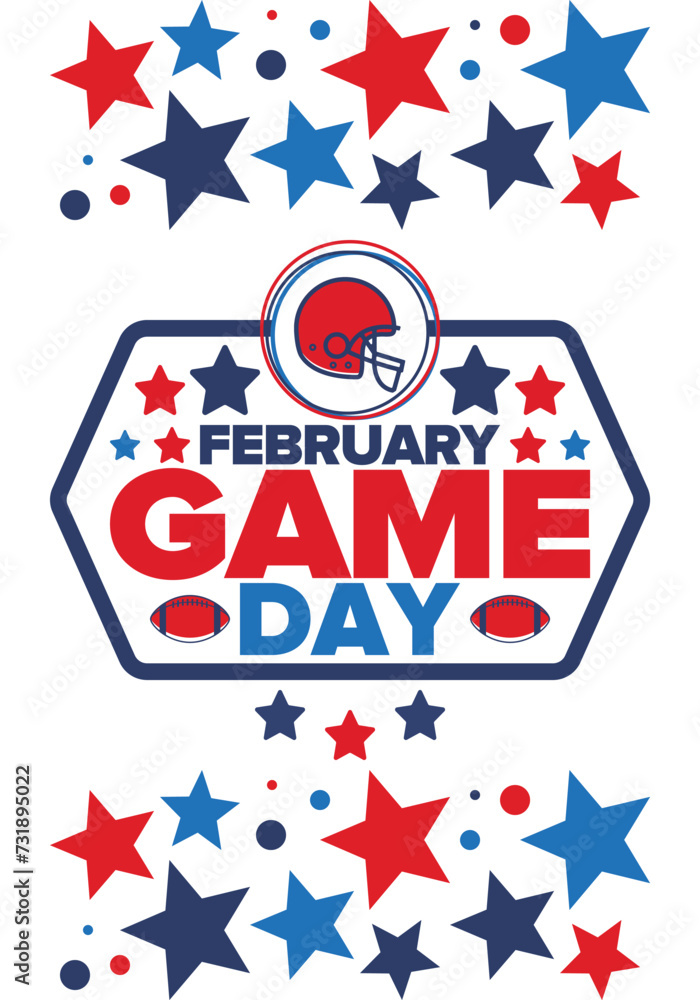 Game Day. American football playoff. Super Party in United States. Final game of regular season. Professional team championship. Ball for american football. Sport poster. Vector illustration